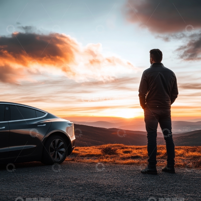 高清大图下载【趣麦麦图】男子与车共赏日落美景