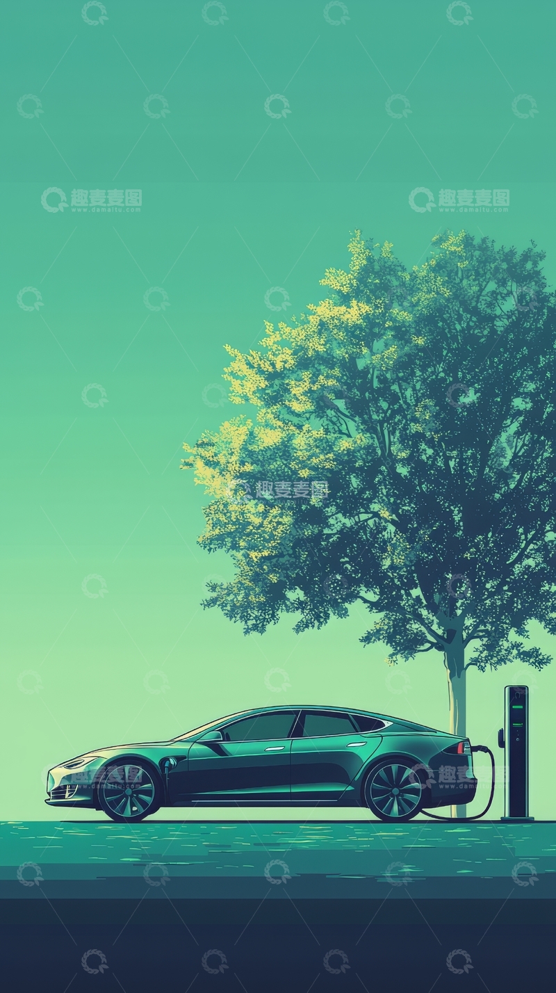 高清大图下载【趣麦麦图】电动汽车在树下充电