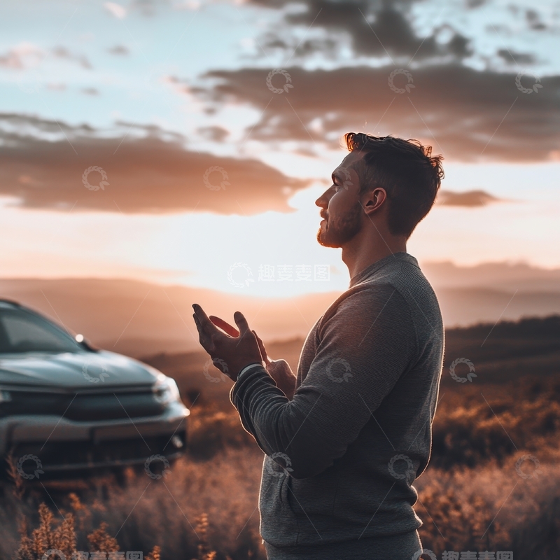 高清大图下载【趣麦麦图】夕阳下男子户外祈祷