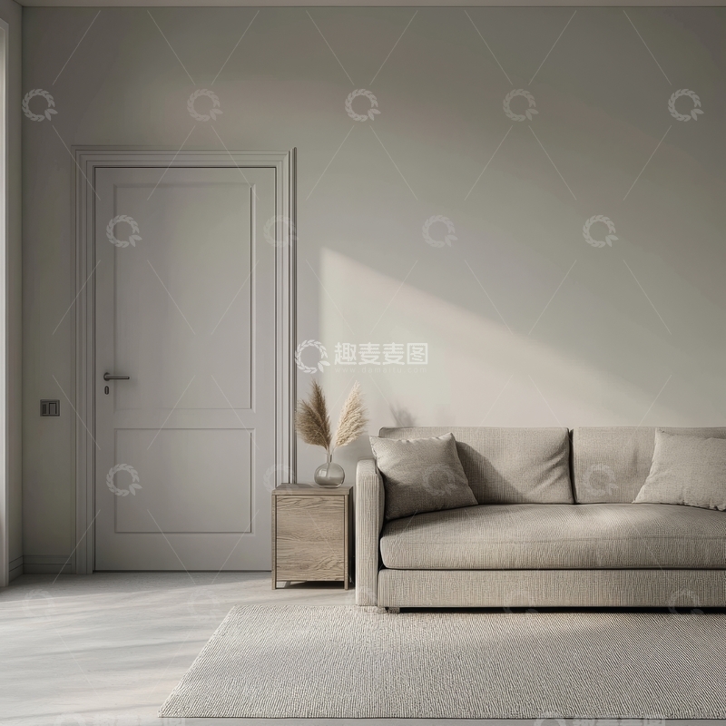 高清大图下载【趣麦麦图】简约现代客厅，米色沙发与木质边几