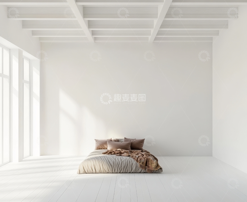 高清大图下载【趣麦麦图】简约白色卧室，阳光透过窗户洒落