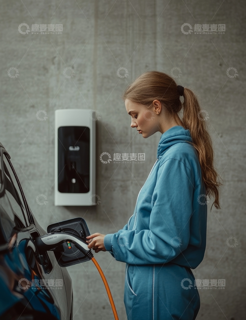 高清大图下载【趣麦麦图】女子为电动汽车充电