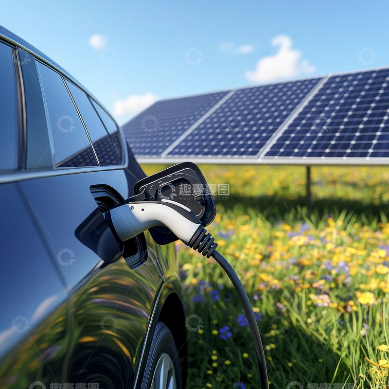 高清大图下载【趣麦麦图】电动汽车充电，背景为太阳能板