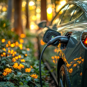 电动汽车在花丛中充电