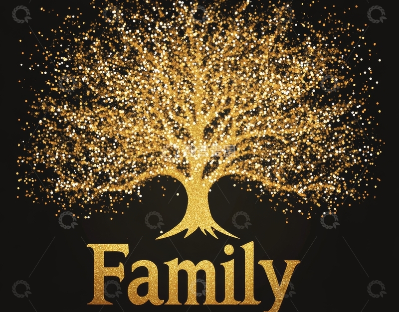 高清大图下载【趣麦麦图】金色树形图案与家庭文字