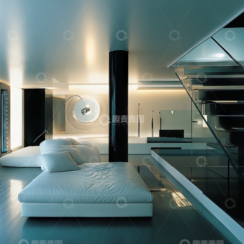 高清大图下载【趣麦麦图】现代简约室内设计，白色沙发与玻璃隔断