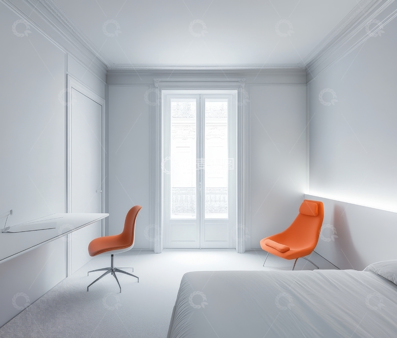 高清大图下载【趣麦麦图】简约卧室，橙色椅子点缀