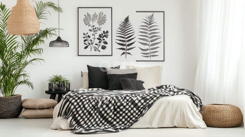 高清大图下载【趣麦麦图】简约卧室，黑白植物装饰