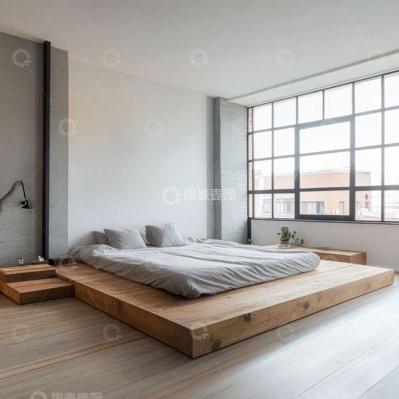 高清大图下载【趣麦麦图】简约风格的木质平台床卧室