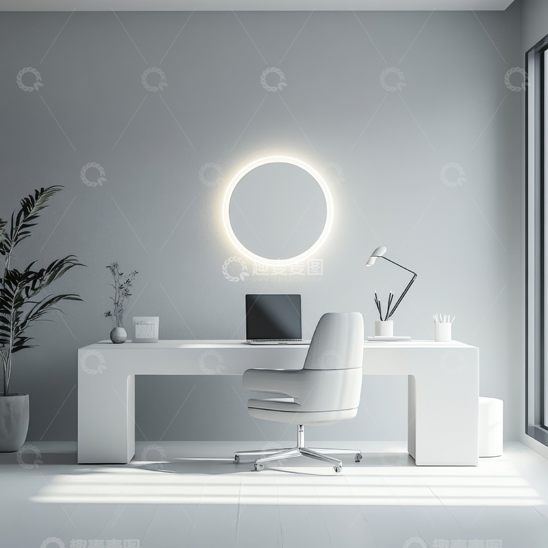 高清大图下载【趣麦麦图】简约现代办公桌与圆形灯饰