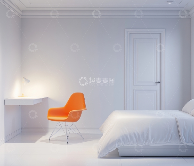 高清大图下载【趣麦麦图】简约卧室，橙色椅子与白色书桌