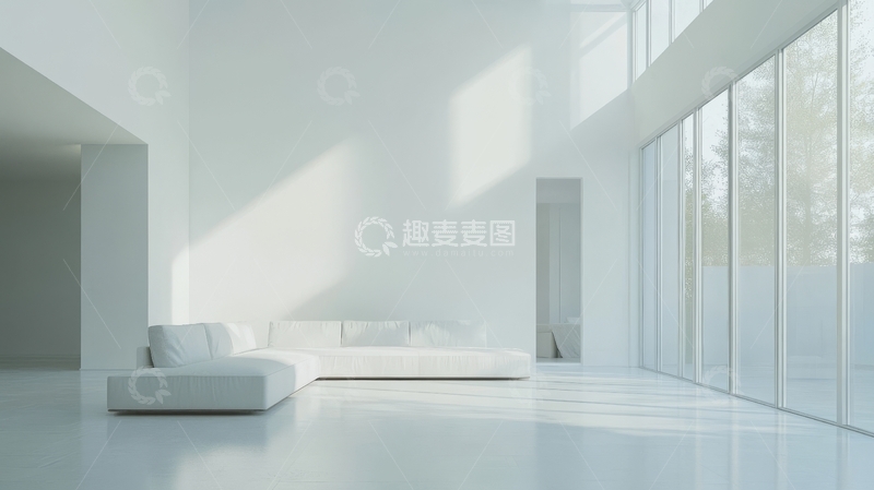 高清大图下载【趣麦麦图】现代简约客厅，阳光透过大窗洒入