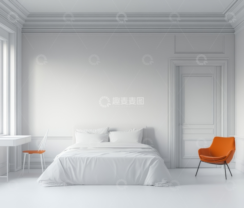 高清大图下载【趣麦麦图】简约卧室，橙色椅子点缀