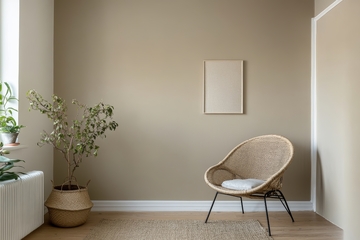 简约室内一角，藤椅与绿植点缀