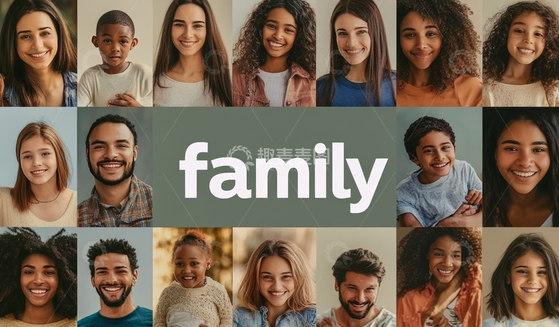 高清大图下载【趣麦麦图】多元面孔构成的家庭主题拼贴图