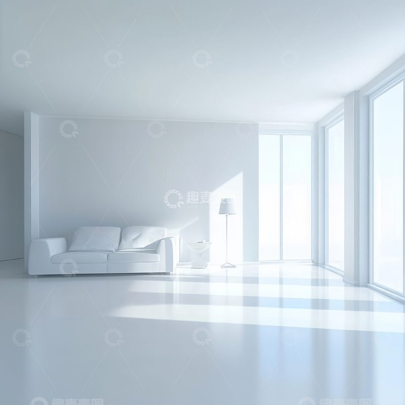 高清大图下载【趣麦麦图】简约现代客厅，白色沙发与大面积窗户