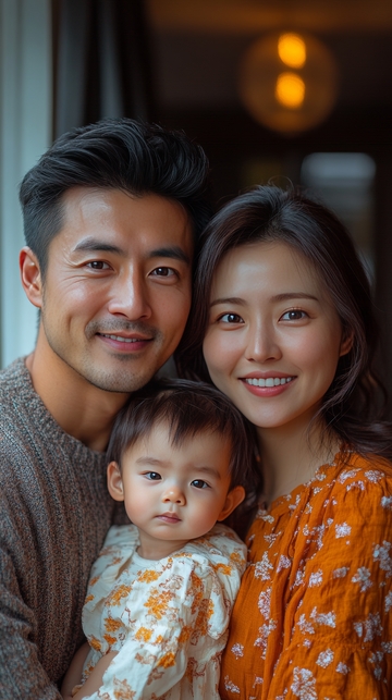 温馨家庭合影，父母怀抱幼童