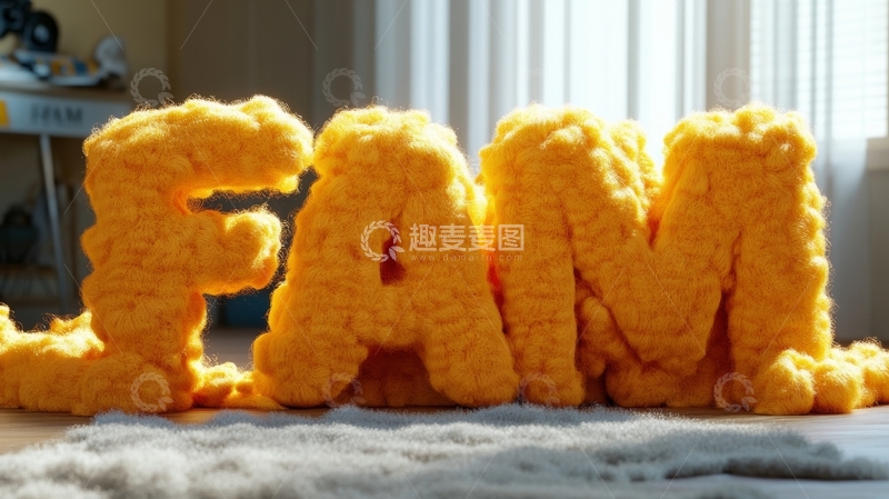 高清大图下载【趣麦麦图】毛线编织字母FAM置于室内地毯上