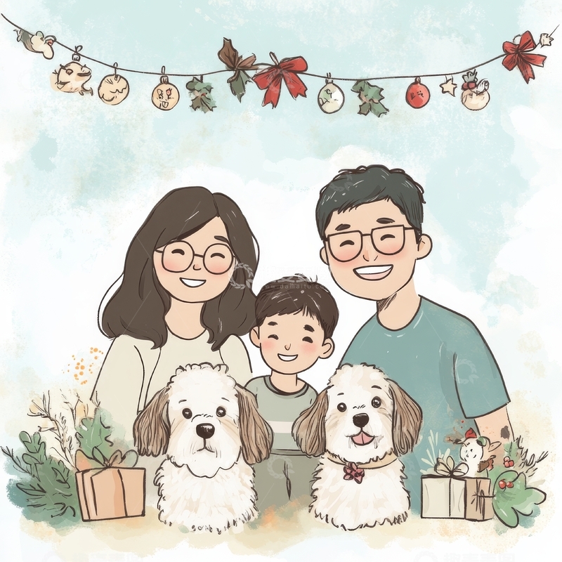 高清大图下载【趣麦麦图】温馨家庭与宠物的节日合影
