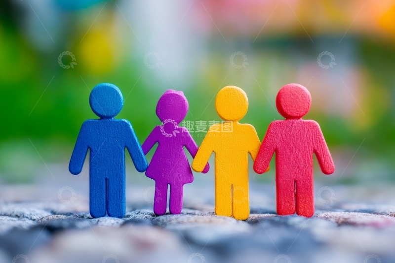 高清大图下载【趣麦麦图】彩色木制人偶手牵手