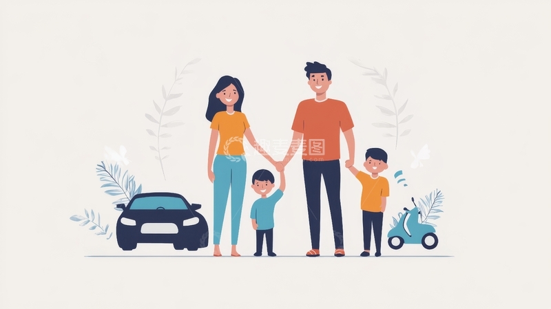 高清大图下载【趣麦麦图】幸福家庭与交通工具