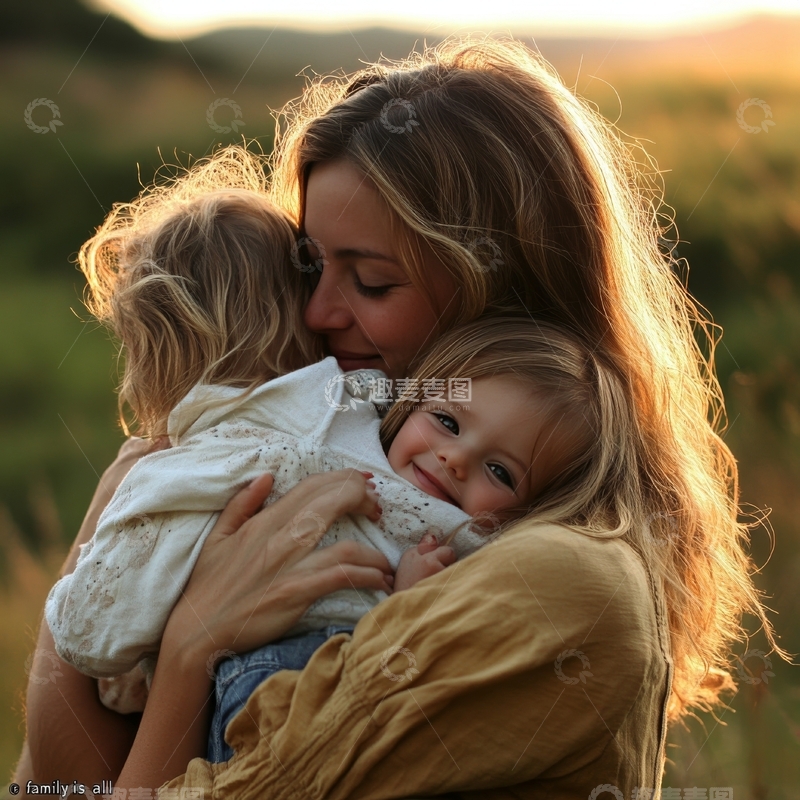 高清大图下载【趣麦麦图】母亲怀抱双胞胎，夕阳下温馨时刻