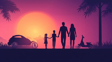 夕阳下一家四口的剪影