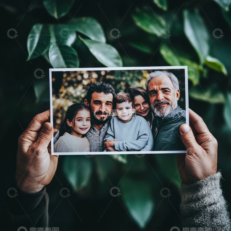 手持家庭合影，背景绿叶环绕