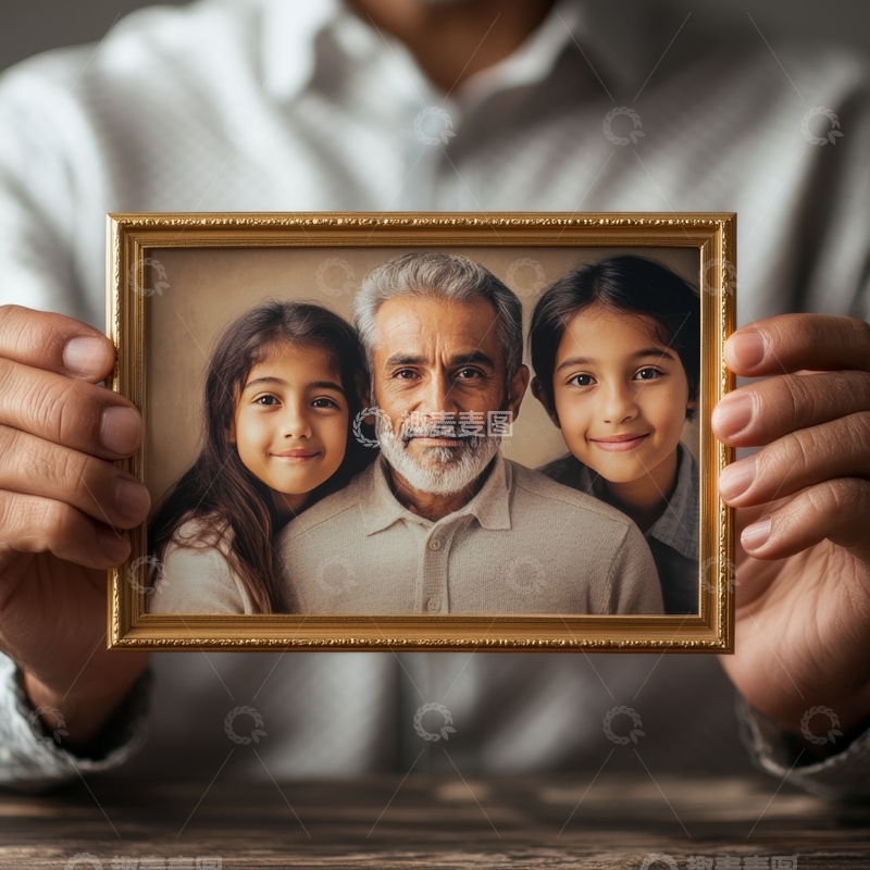 手持金色相框中的家庭合影