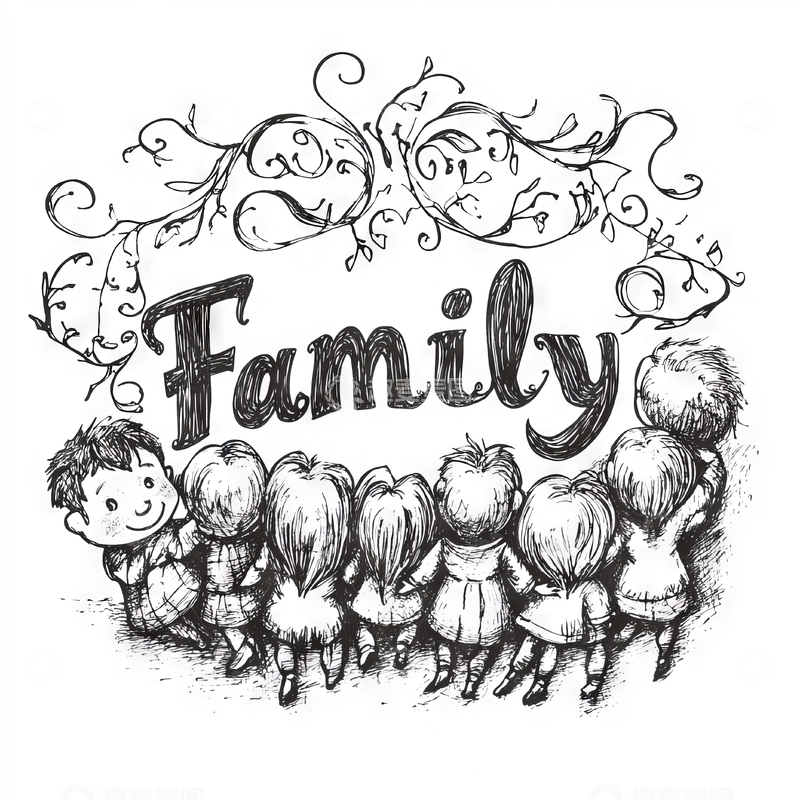 高清大图下载【趣麦麦图】家庭主题插画：一群孩子围绕着&ldquo;Family&rdquo;字样