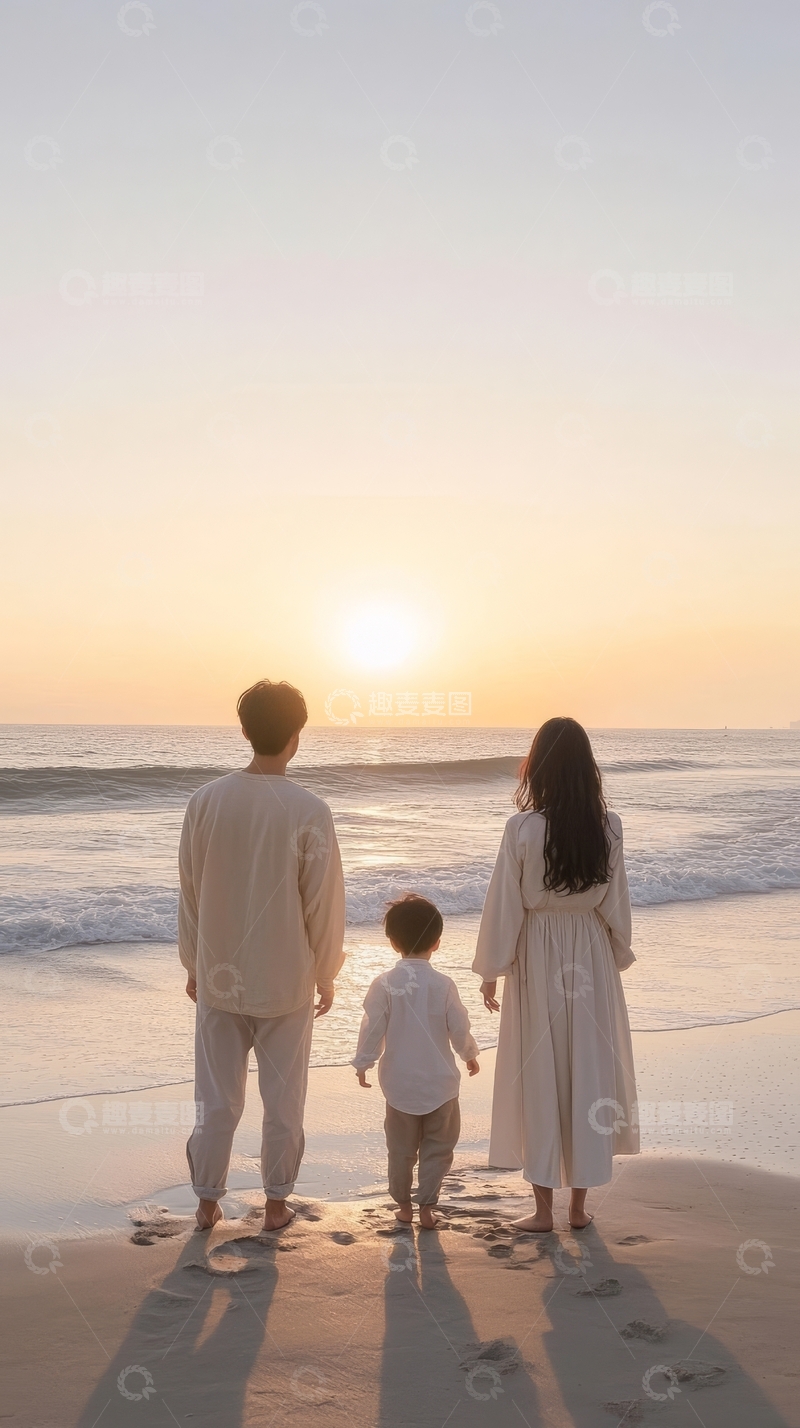 一家三口海边日落散步