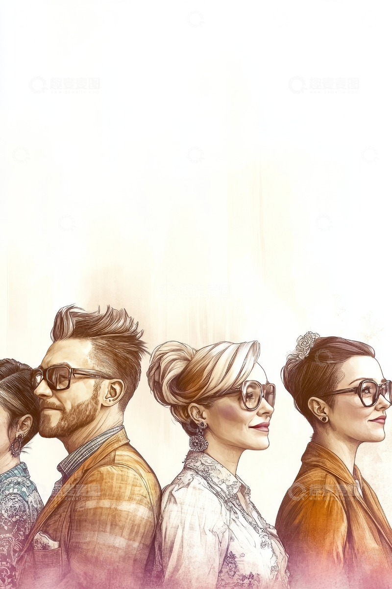 高清大图下载【趣麦麦图】四人并排侧脸肖像插画