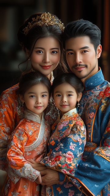 一家四口身着传统服饰合影