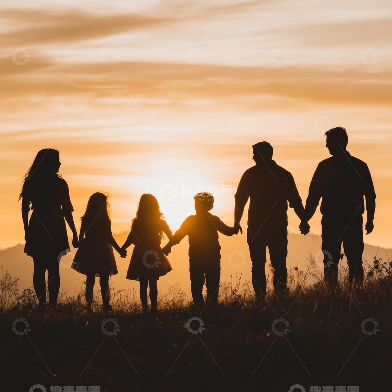 高清大图下载【趣麦麦图】夕阳下一家六口手牵手的剪影