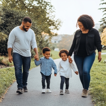 一家四口在公园小径上散步