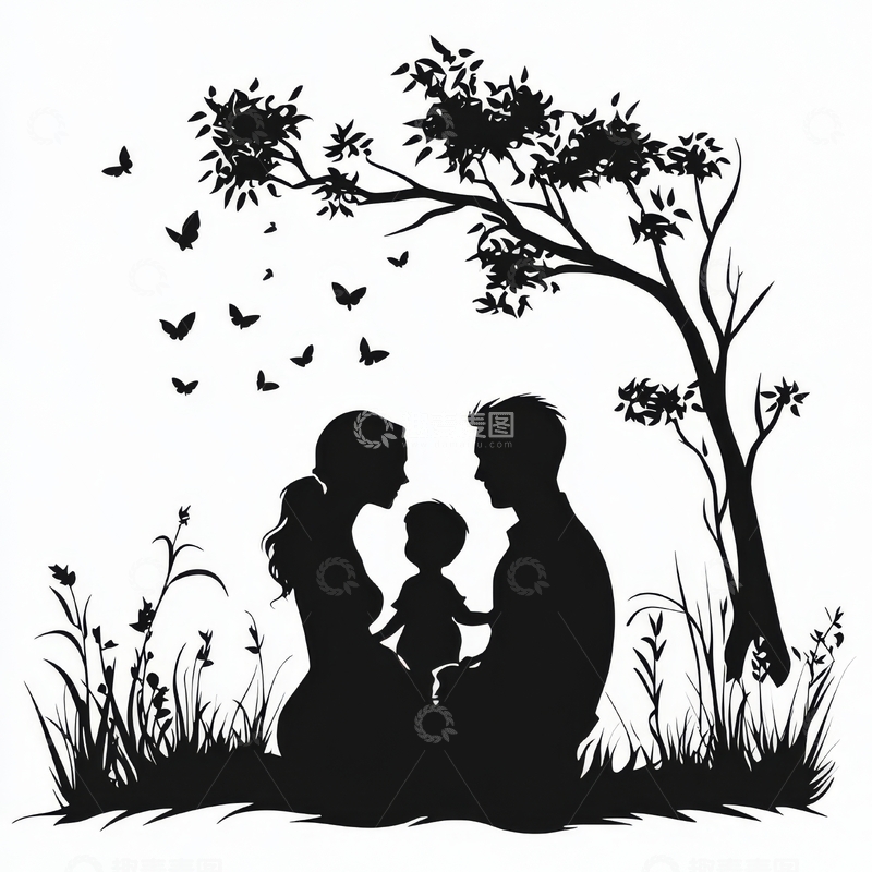 高清大图下载【趣麦麦图】家庭剪影：树下温馨时光