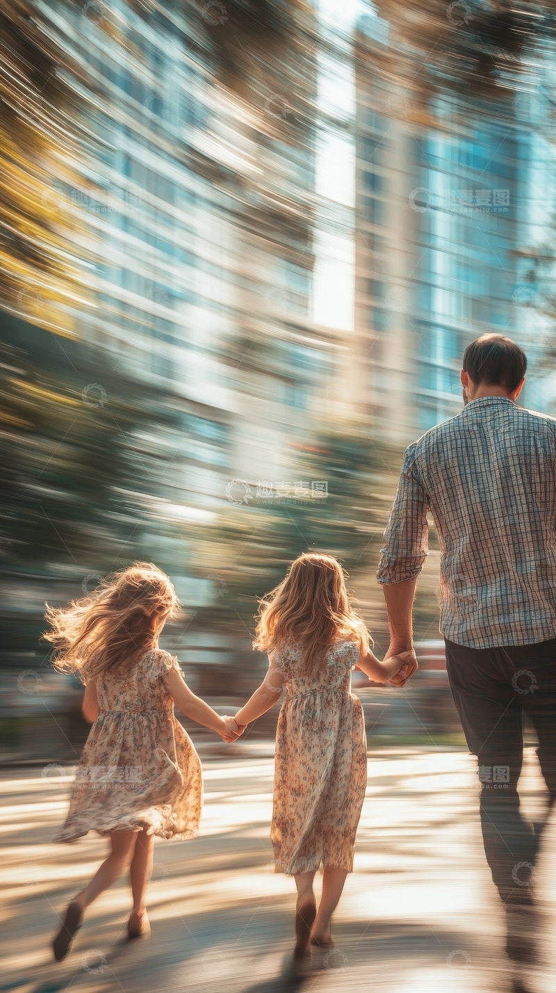高清大图下载【趣麦麦图】父女三人牵手漫步城市街头
