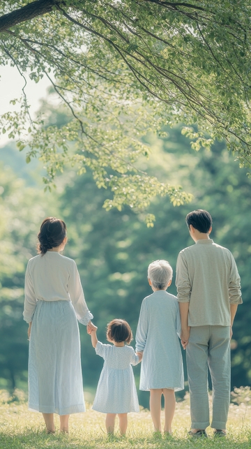 一家四口在树荫下散步