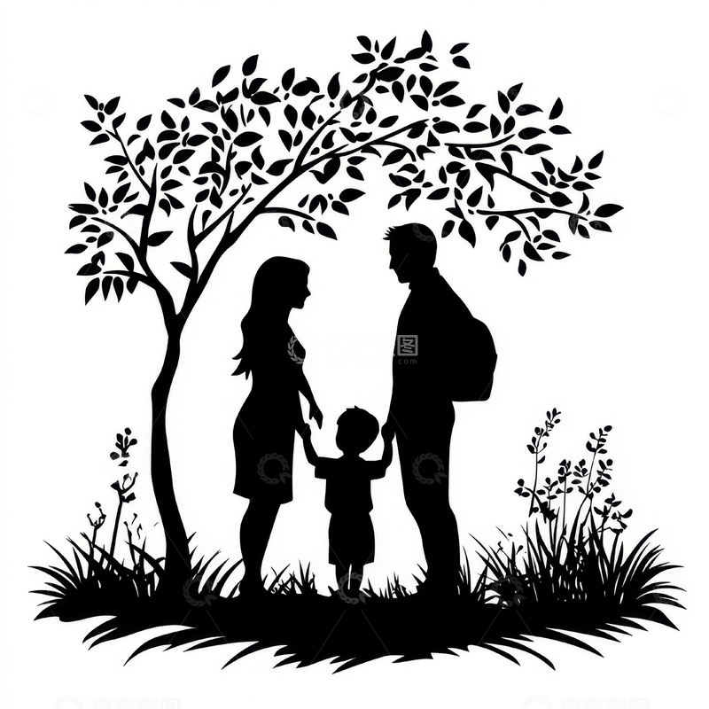 树下一家三口剪影