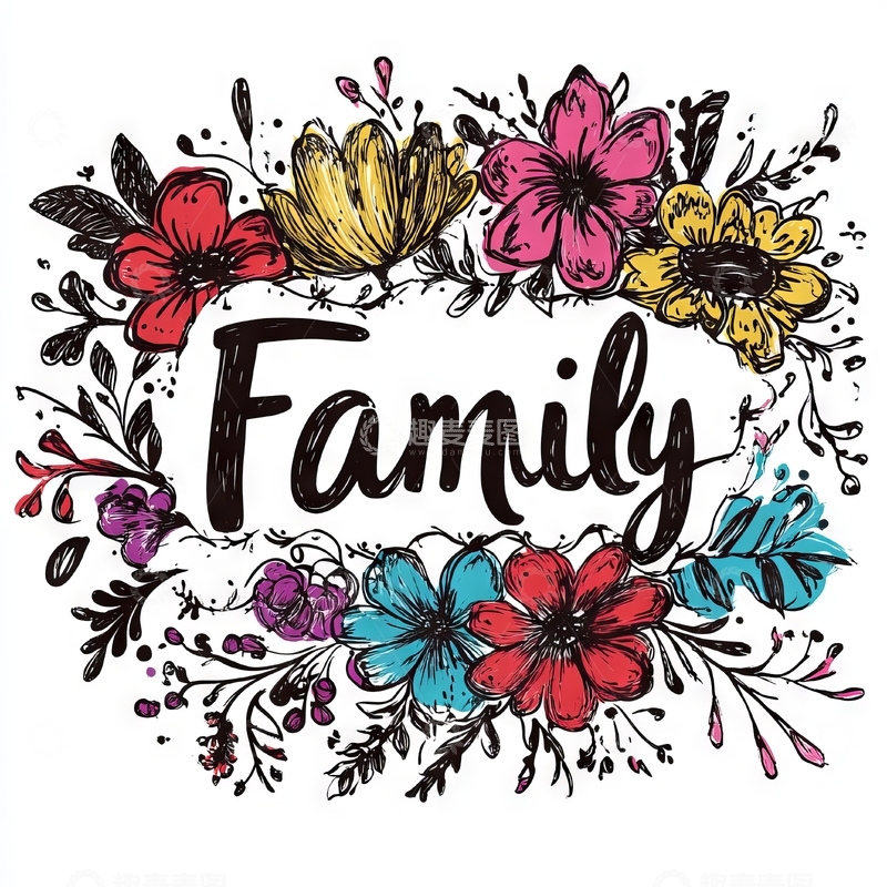 高清大图下载【趣麦麦图】花卉环绕的&ldquo;Family&rdquo;字样艺术设计