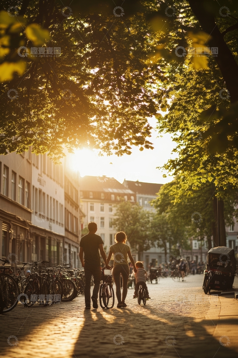 夕阳下一家三口骑车漫步