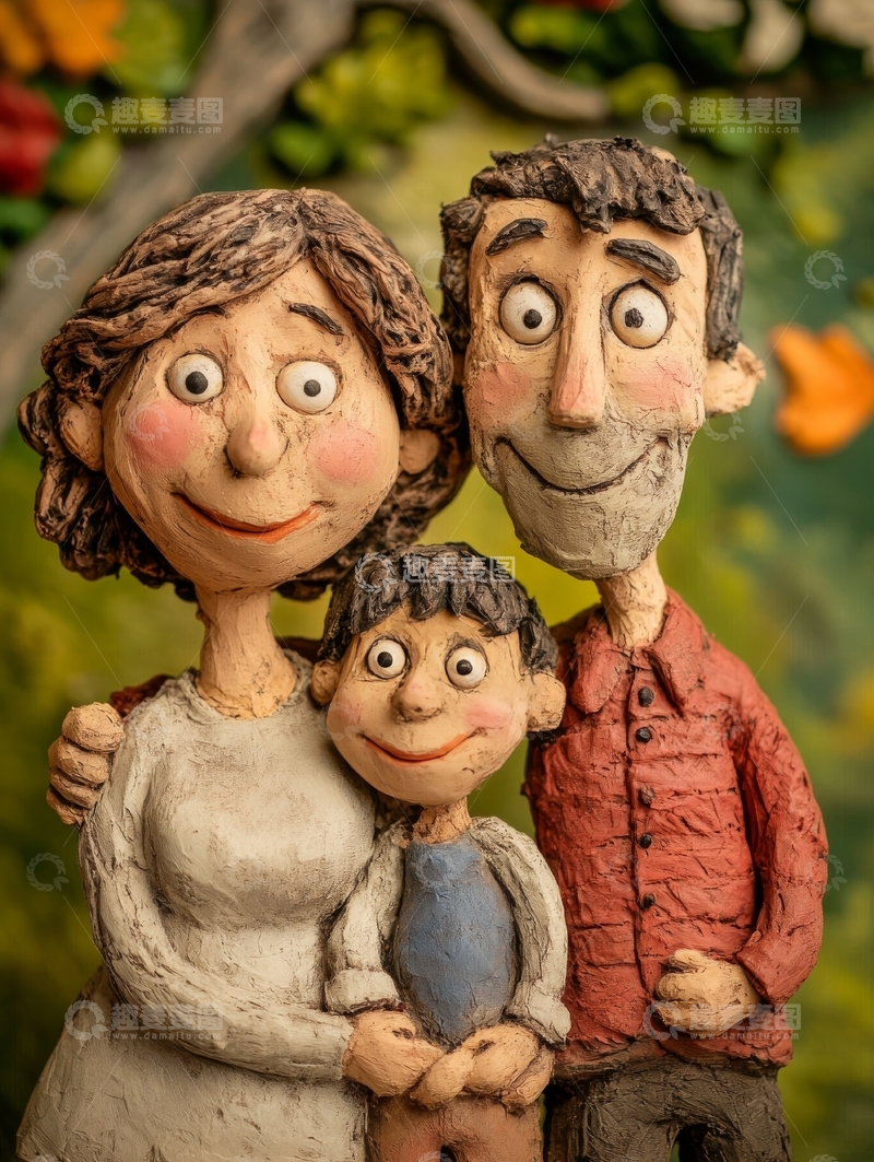 高清大图下载【趣麦麦图】陶艺家庭雕塑，温馨笑容