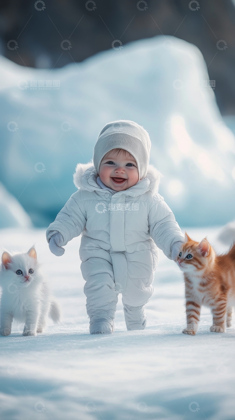 高清大图下载【趣麦麦图】雪地中的宝宝与两只小猫