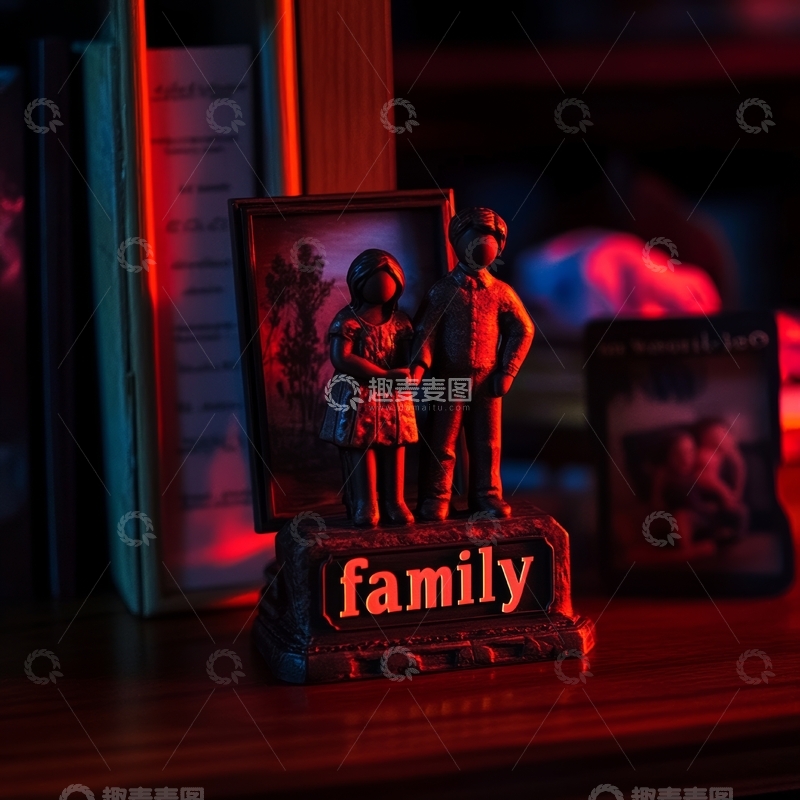 高清大图下载【趣麦麦图】红色灯光下的家庭雕像