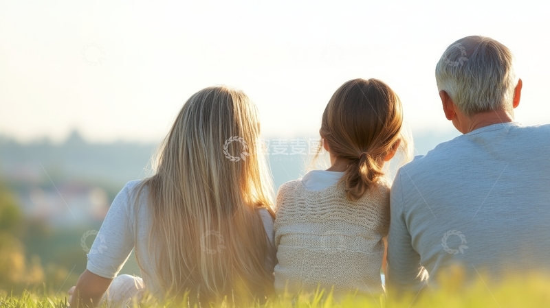 一家三口背对镜头坐在草地上