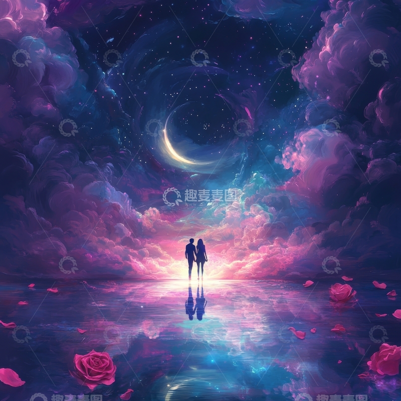 高清大图下载【趣麦麦图】梦幻星空下，双人并肩望月
