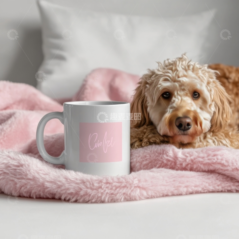 高清大图下载【趣麦麦图】粉色毯子上的咖啡杯与卷毛狗