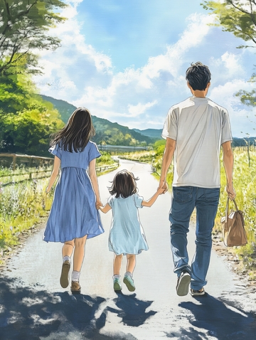 一家三口手牵手漫步乡间小路