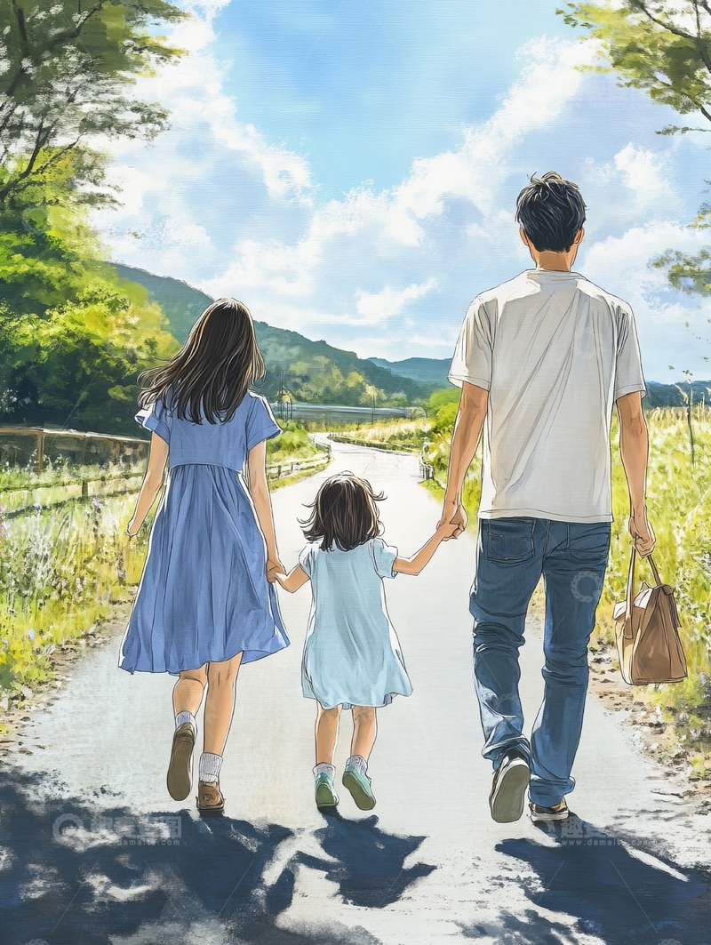 高清大图下载【趣麦麦图】一家三口手牵手漫步乡间小路