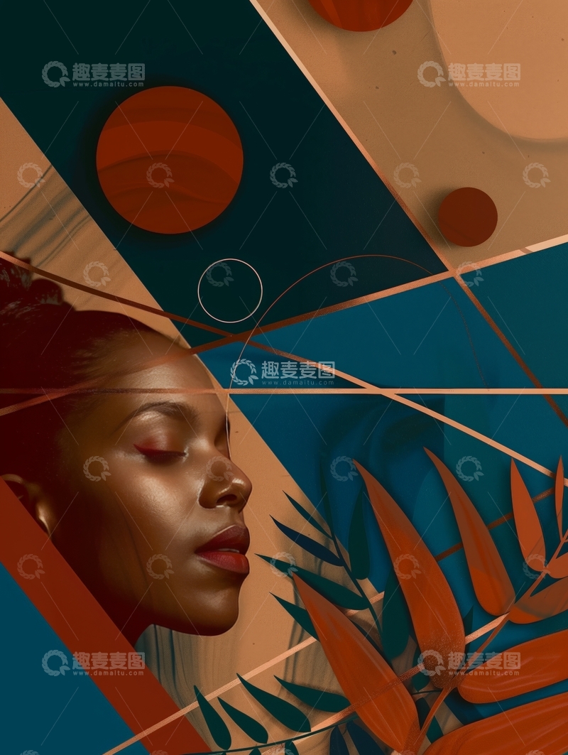 高清大图下载【趣麦麦图】抽象背景下的女性与植物